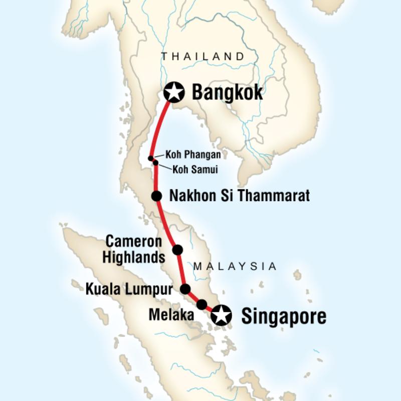 Map of the route for Bangkok to Singapore on a Shoestring