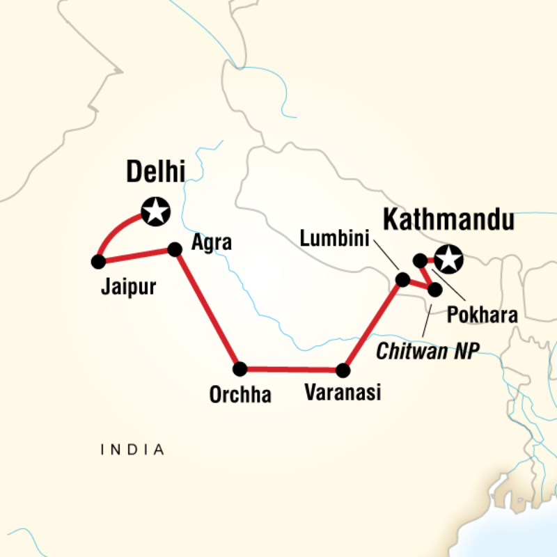 Map of the route for Delhi to Kathmandu Adventure