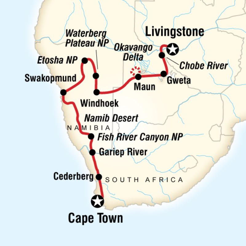 Map of the route for Dunes, Deltas & Falls