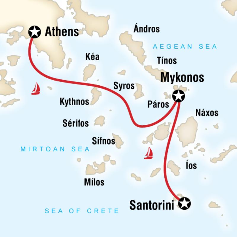Map of the route for Greek Islands Sailing Adventure (Santorini to Athens)