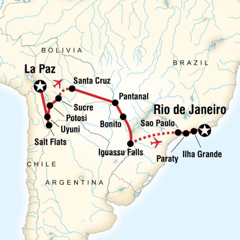 Map of the route for Andes to the Atlantic Experience