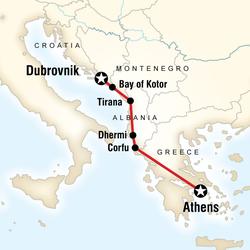 Route map for Adriatic Adventure - Dubrovnik to Athens (ECDA)