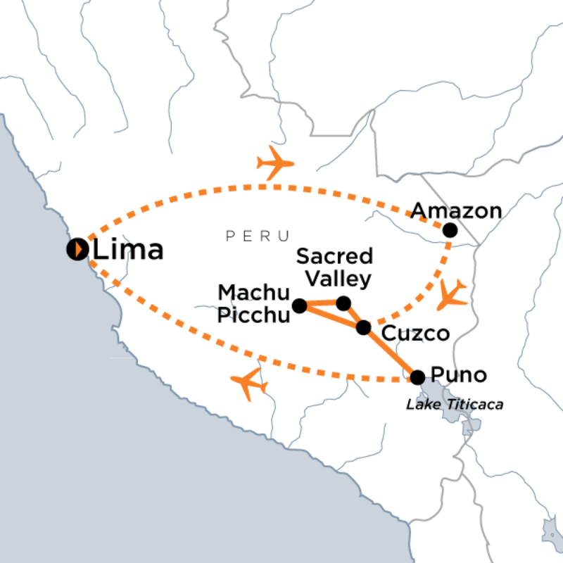 Map of the route for Amazon & Incan Adventure