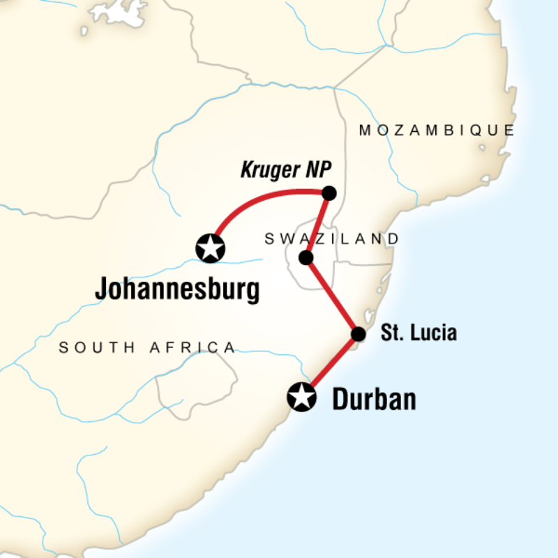 Map of the route for Kruger & Swazi Overland