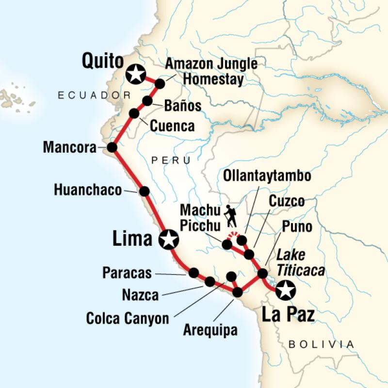 Map of the route for Quito to La Paz Adventure