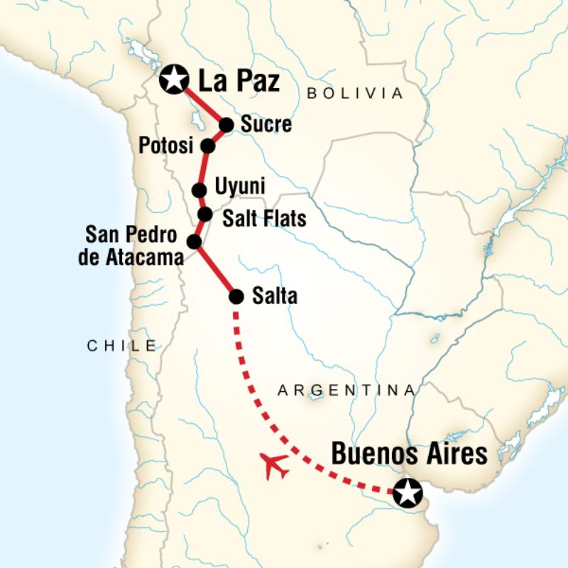 Map of the route for Buenos Aires to La Paz Adventure
