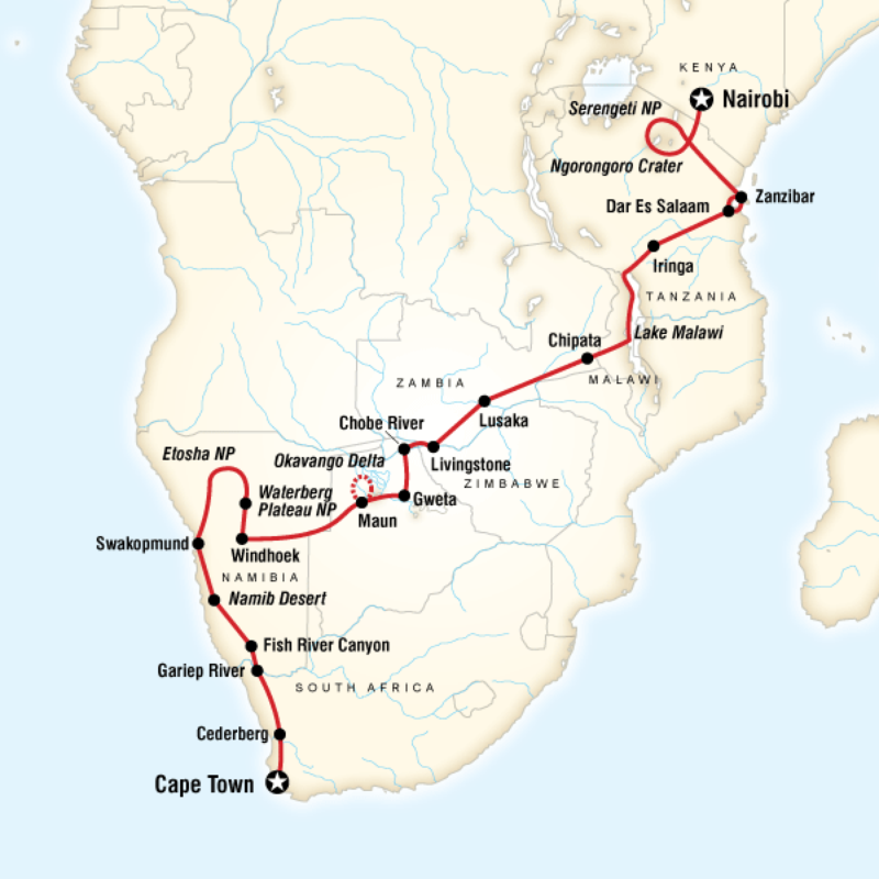 Map of the route for Cape Town to Nairobi