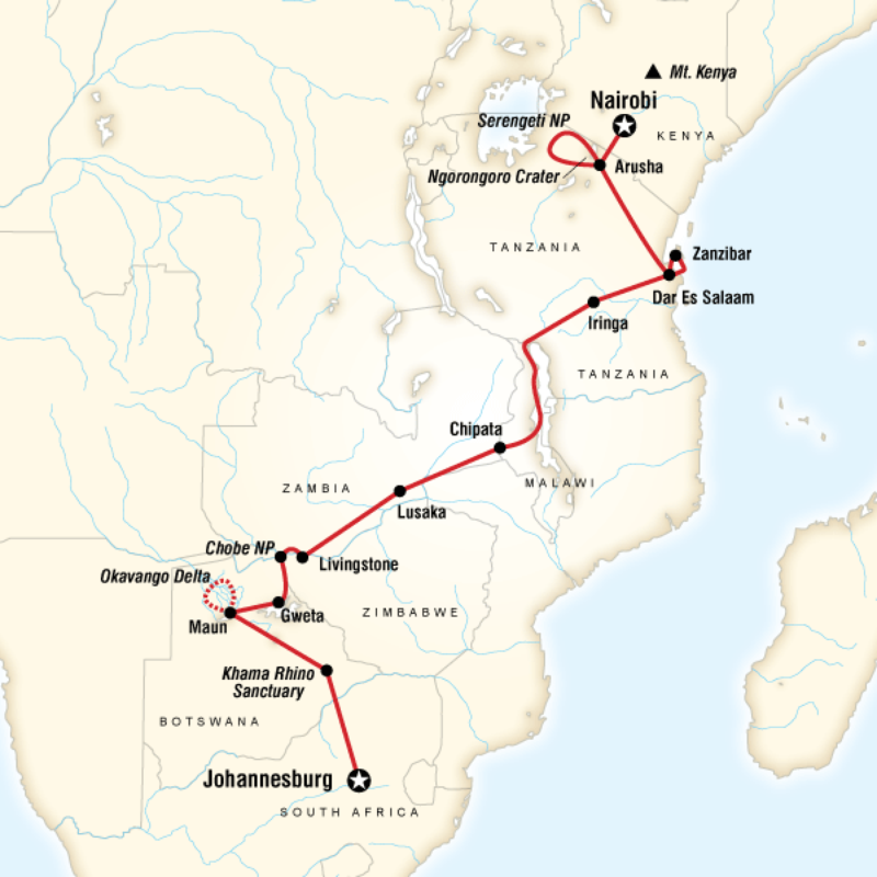 Map of the route for Joburg to Nairobi Overland