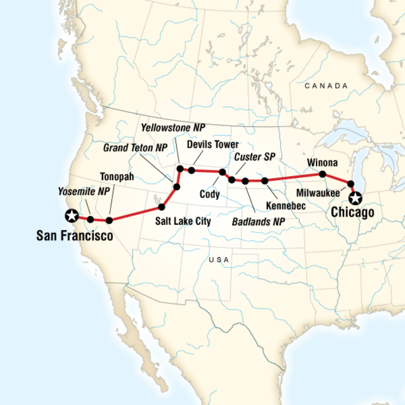 Map of the route for Chicago to San Francisco Road Trip
