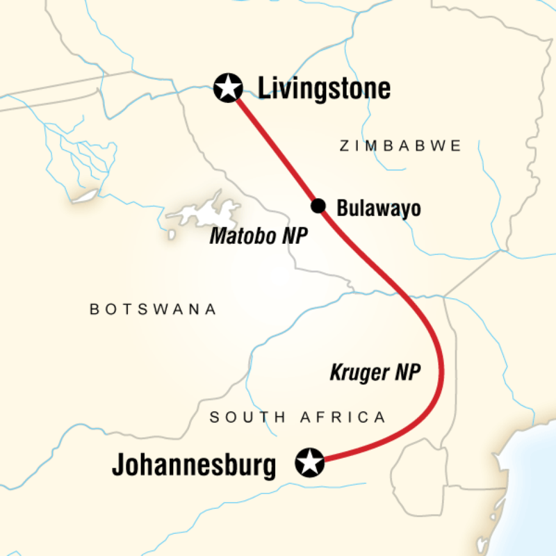 Map of the route for Kruger, Falls & Zimbabwe