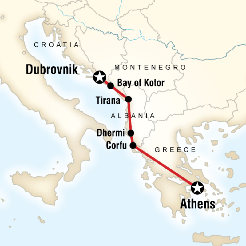 Route map for Adriatic Adventure - Dubrovnik to Athens (ECDA)