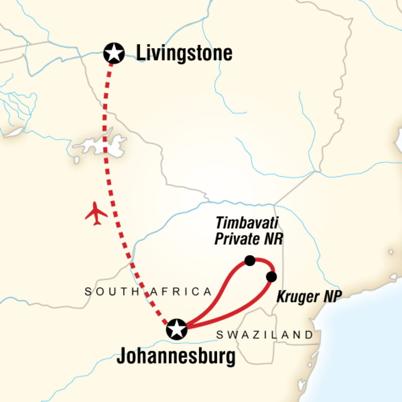 Map of the route for Kruger & Falls