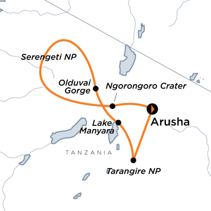 Map of the route for Tanzania Wildlife Safari