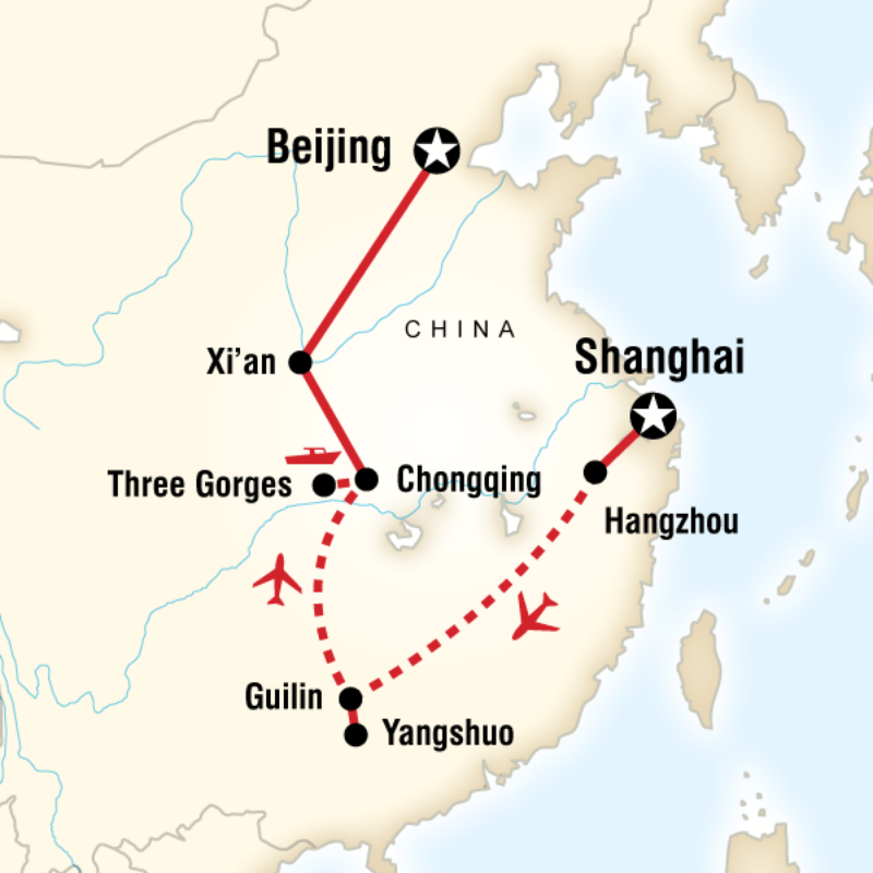 Map of the route for Highlights of China