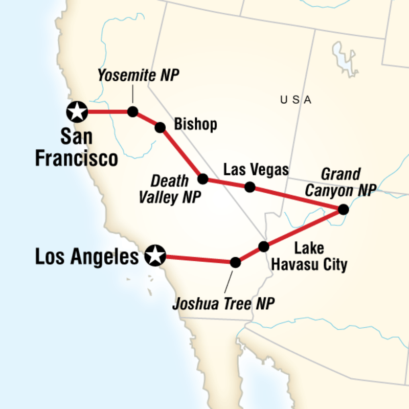 Map of the route for San Francisco to Los Angeles Adventure