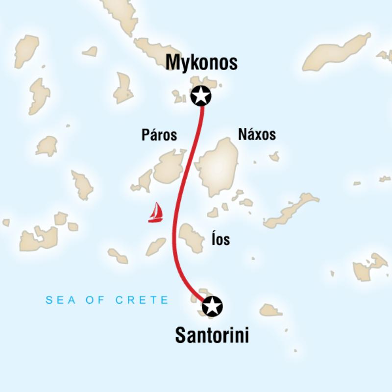 Map of the route for Greek Islands Sailing Adventure (Santorini to Mykonos)
