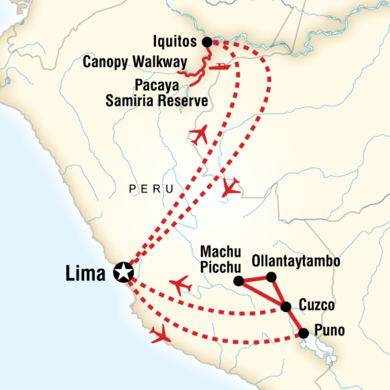 Map of the route for Amazon Riverboat Adventure & the Inca Sacred Empire