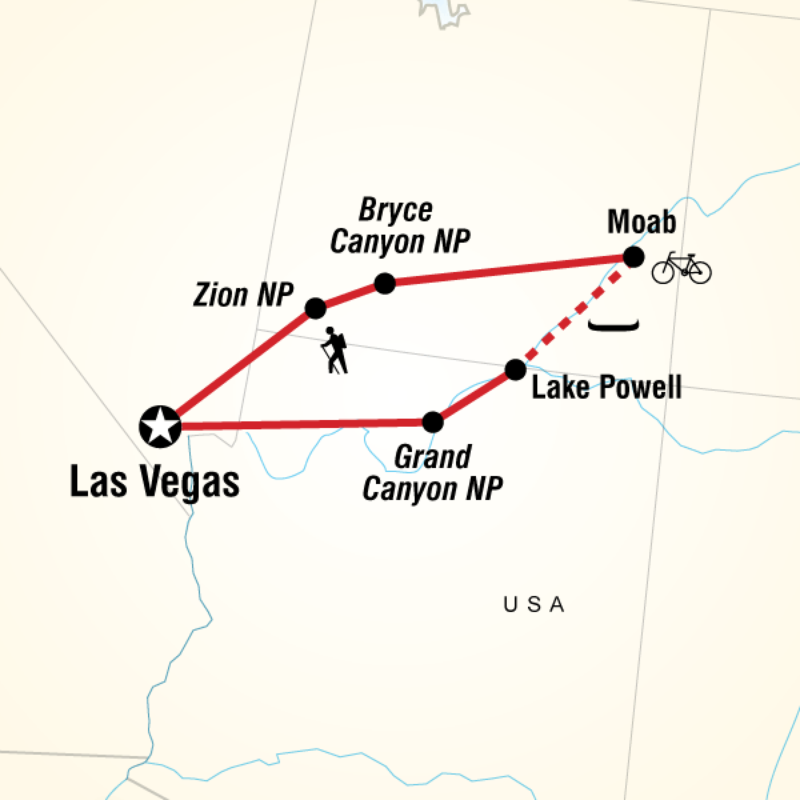 Map of the route for USA Hike, Bike & Raft