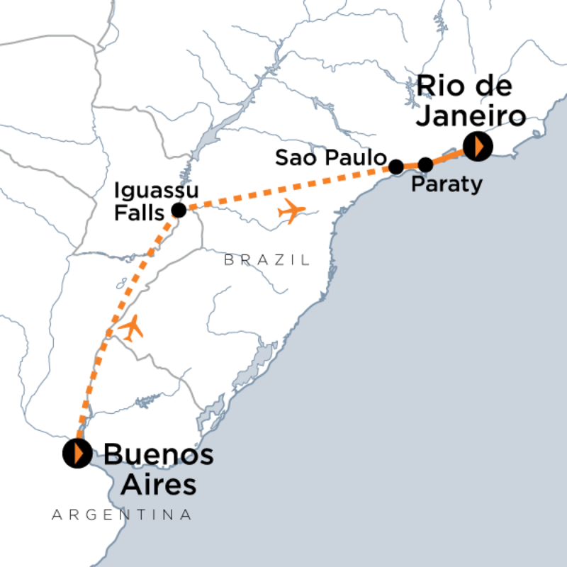 Map of the route for Highlights of Argentina & Brazil