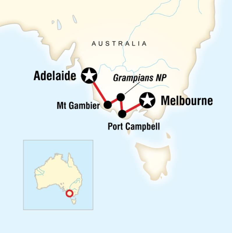 Map of the route for Great Ocean Road West—Melbourne to Adelaide