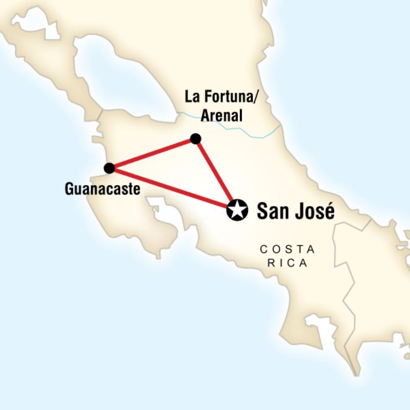 Map of the route for Costa Rica Pass - Route 1 Adventure Bus