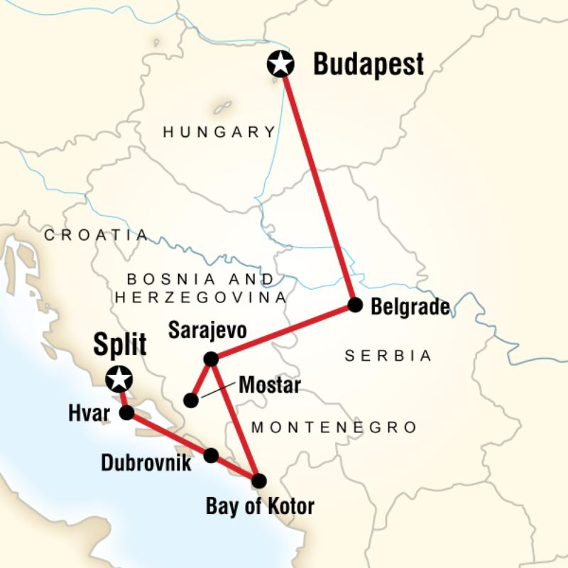 Map of the route for Croatia and the Balkans