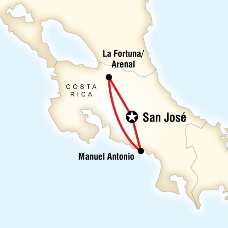 Map of the route for Costa Rica Pass - Route 2 Adventure Bus