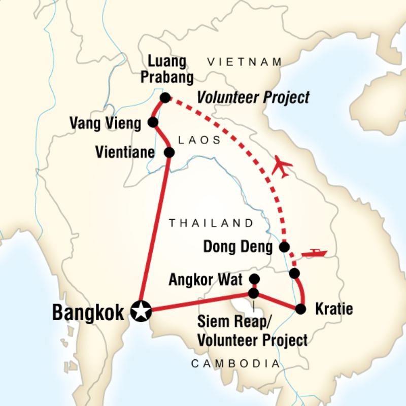Map of the route for Explore Cambodia & Laos—Volunteer