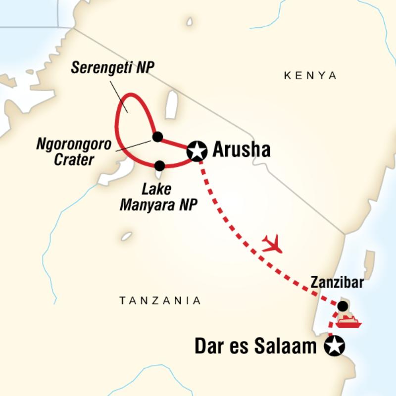 Map of the route for Tanzania Family Adventure