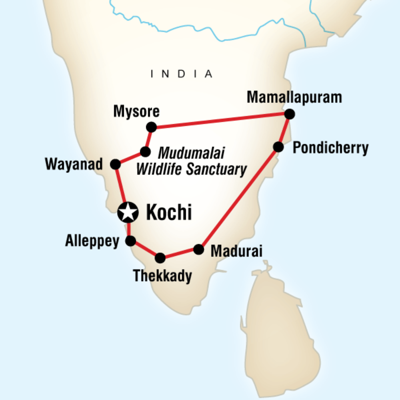 Map of the route for Best of Southern India