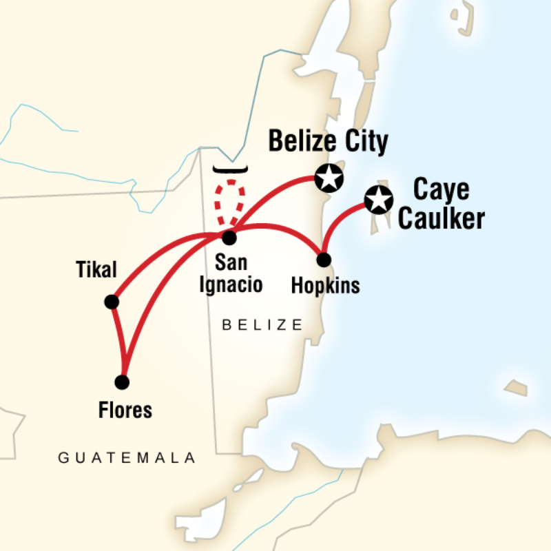Map of the route for Belize & Tikal Adventure