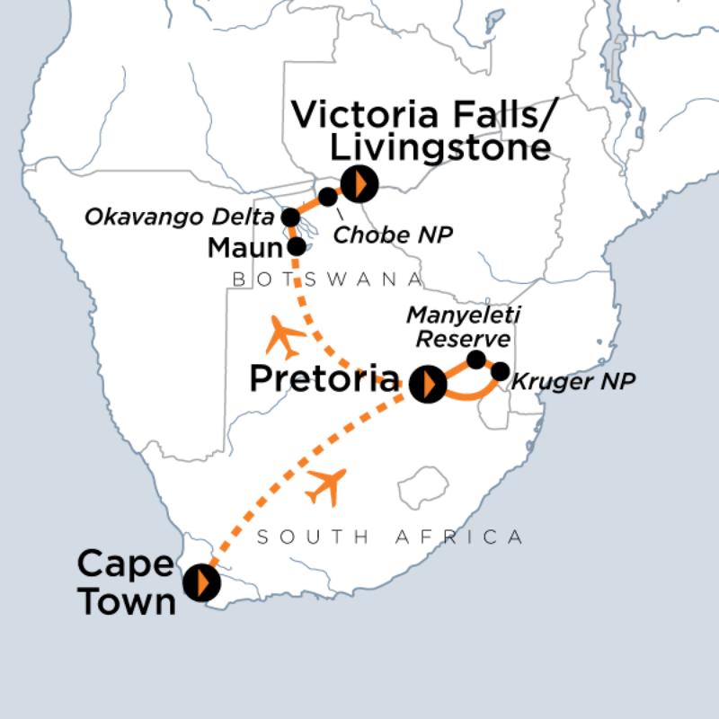 Map of the route for Southern Africa Safari
