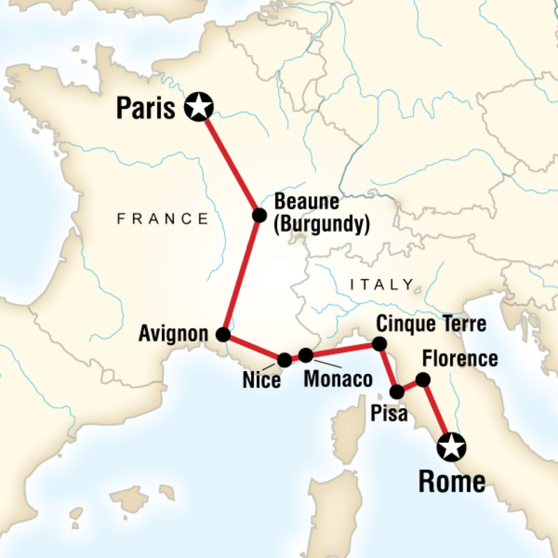 Map of the route for France to Italy Adventure
