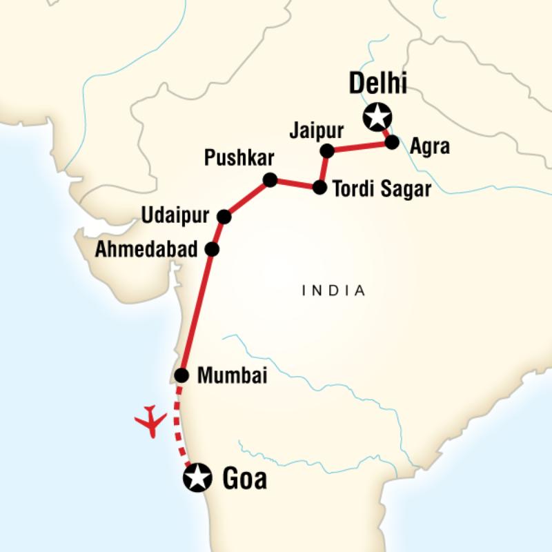 Map of the route for Uncover India—Delhi to Goa