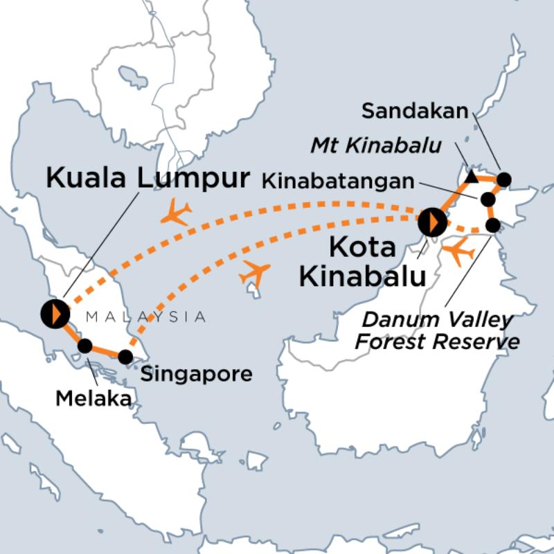 Route map for Malaysia and Borneo Adventure (AAMBD)
