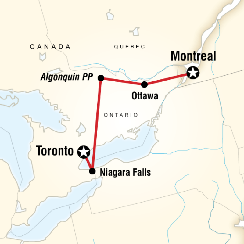 Map of the route for Quebec and Ontario Explorer