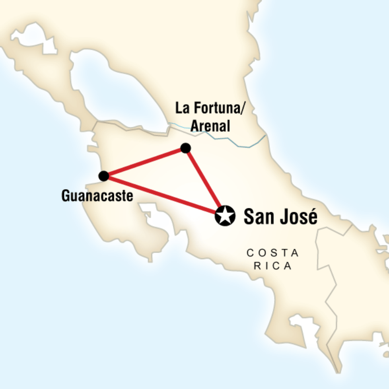 Map of the route for Costa Rica Pass - Route 1 Self Drive