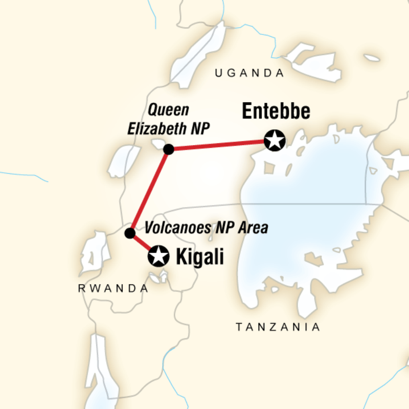 Route map for Rwanda and Uganda Gorilla & Chimp Adventure (DRGR)