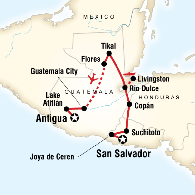 Map of the route for Mayan Ruins & Culture
