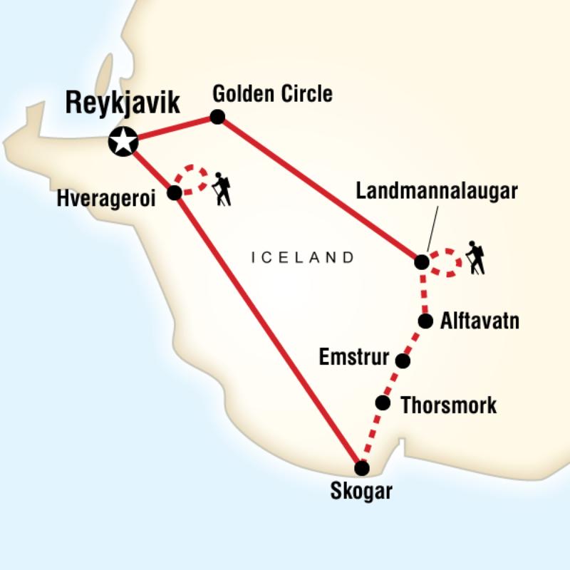 Route map for Trekking in Iceland (ELST)