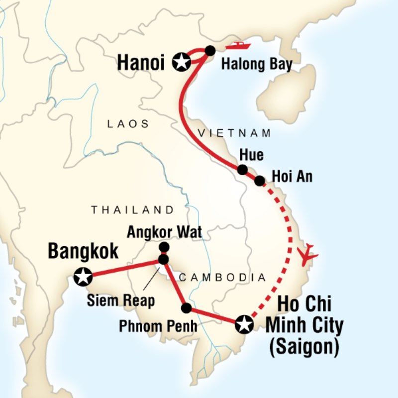 Route map for Essential Vietnam & Cambodia (AVEV)