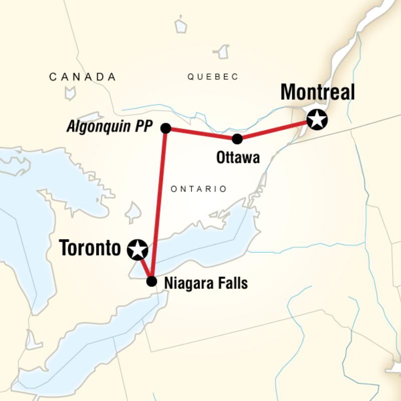 Map of the route for Quebec and Ontario Explorer