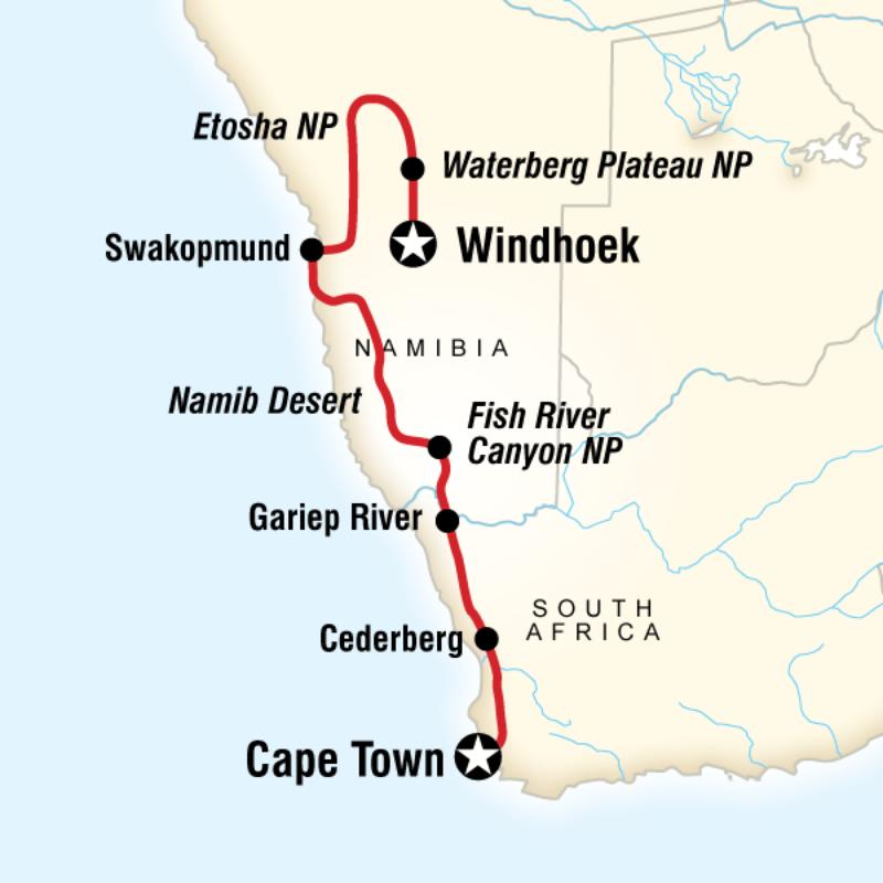 Map of the route for Cape & Dunes Overland