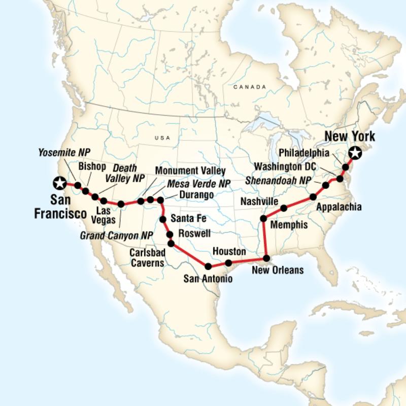 Map of the route for Coast to Coast Road Trip Eastbound