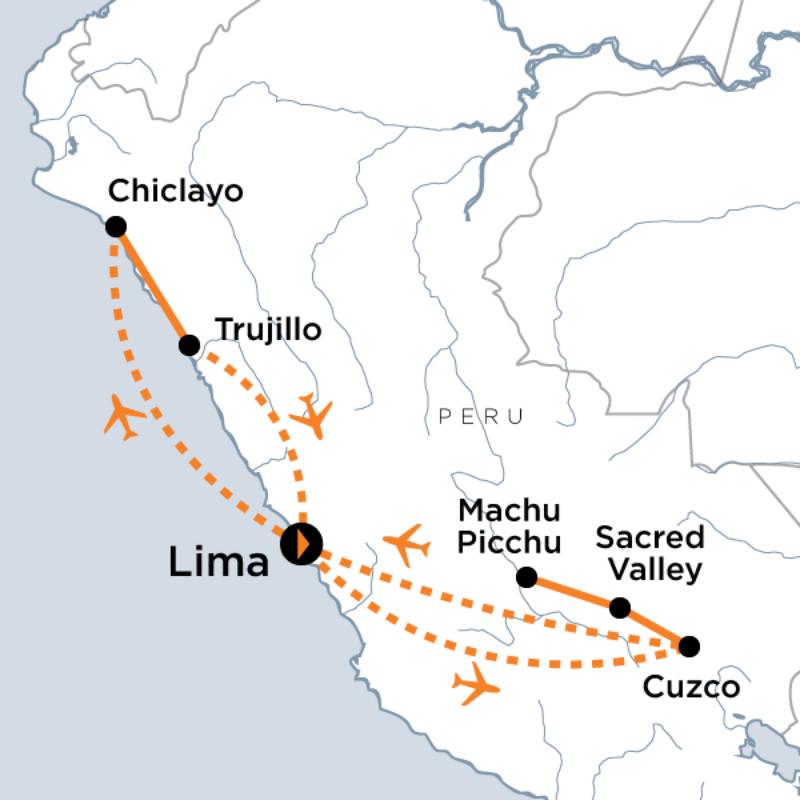 Map of the route for Archaeological Wonders of Peru