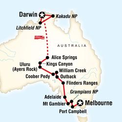 Route map for Australia South to North - Melbourne to Darwin (OAMD)