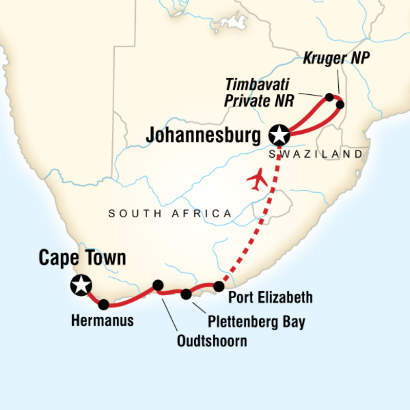 Map of the route for Kruger & the Garden Route