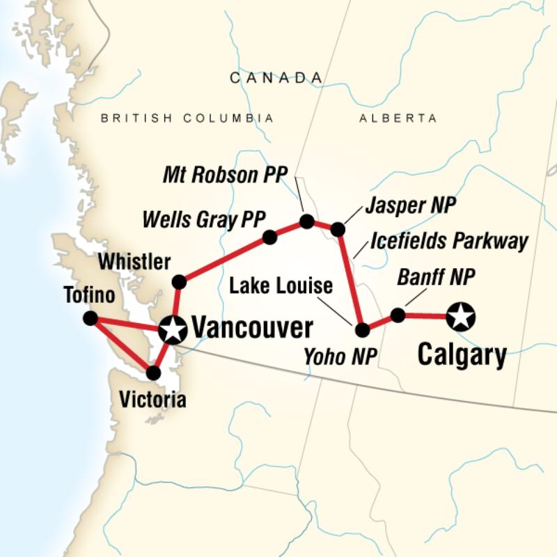 Map of the route for National Parks of the Canadian Rockies Eastbound