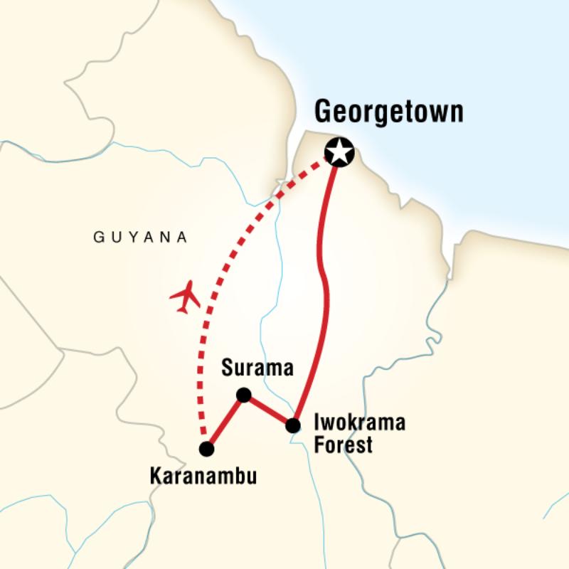 Map of the route for Guyana Wildlife Adventure