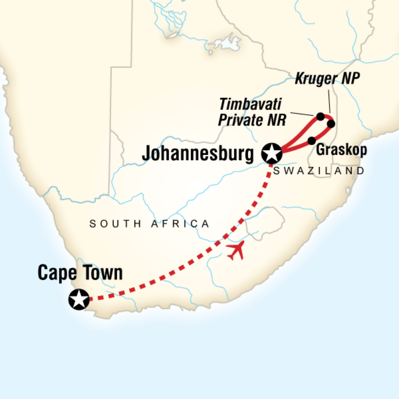 Map of the route for Kruger & Cape Town